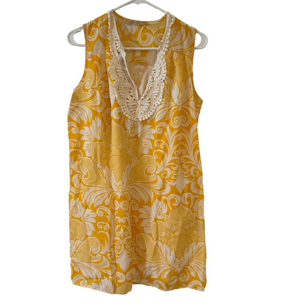 Kanvas Women's Large Yellow White Damask Floral Lace Sleeveless Boho Shift Dress